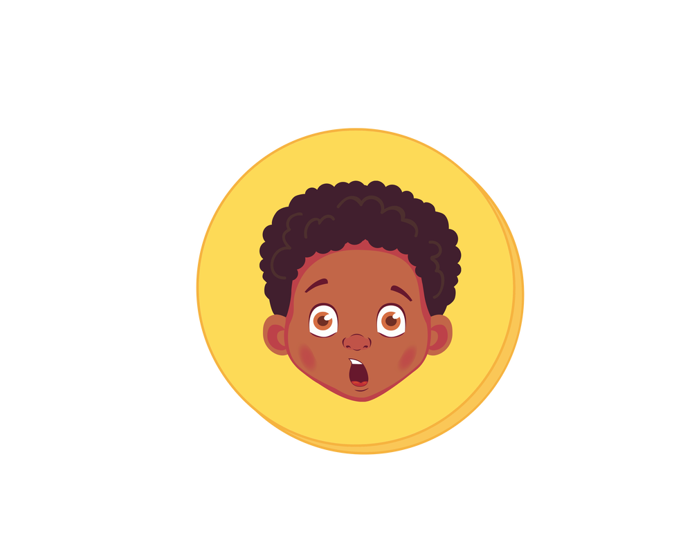 A yellow circle with the illustrated face of a young boy looking surprised in the center. 