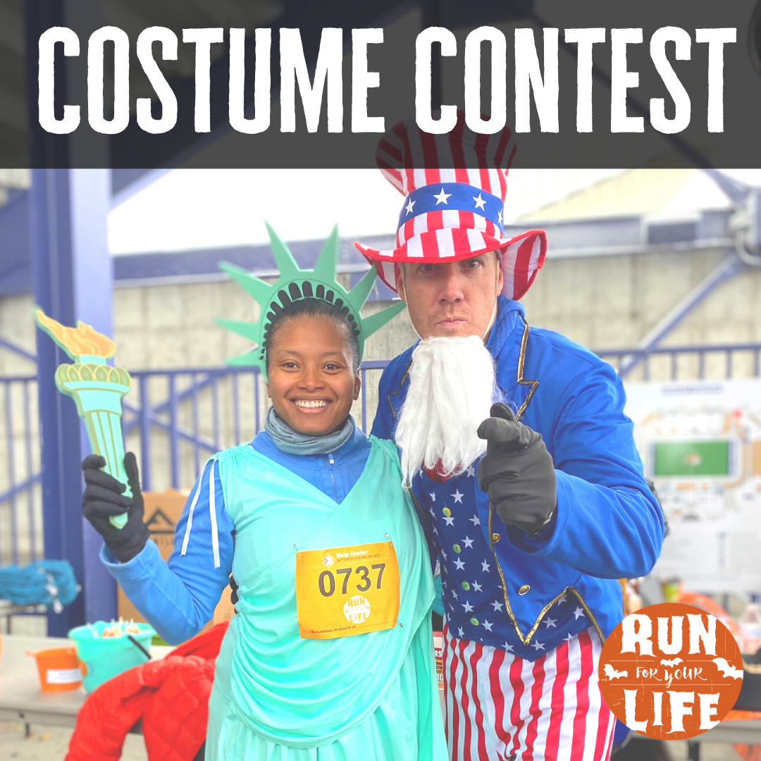 costume contest. Graphic is two people, one with statue of liberty costume and other is uncle sam.